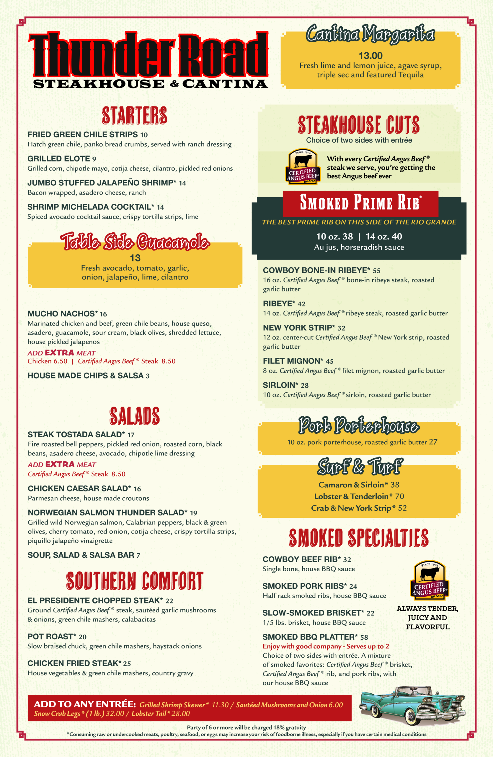 Thunder Road Steakhouse dinner menu